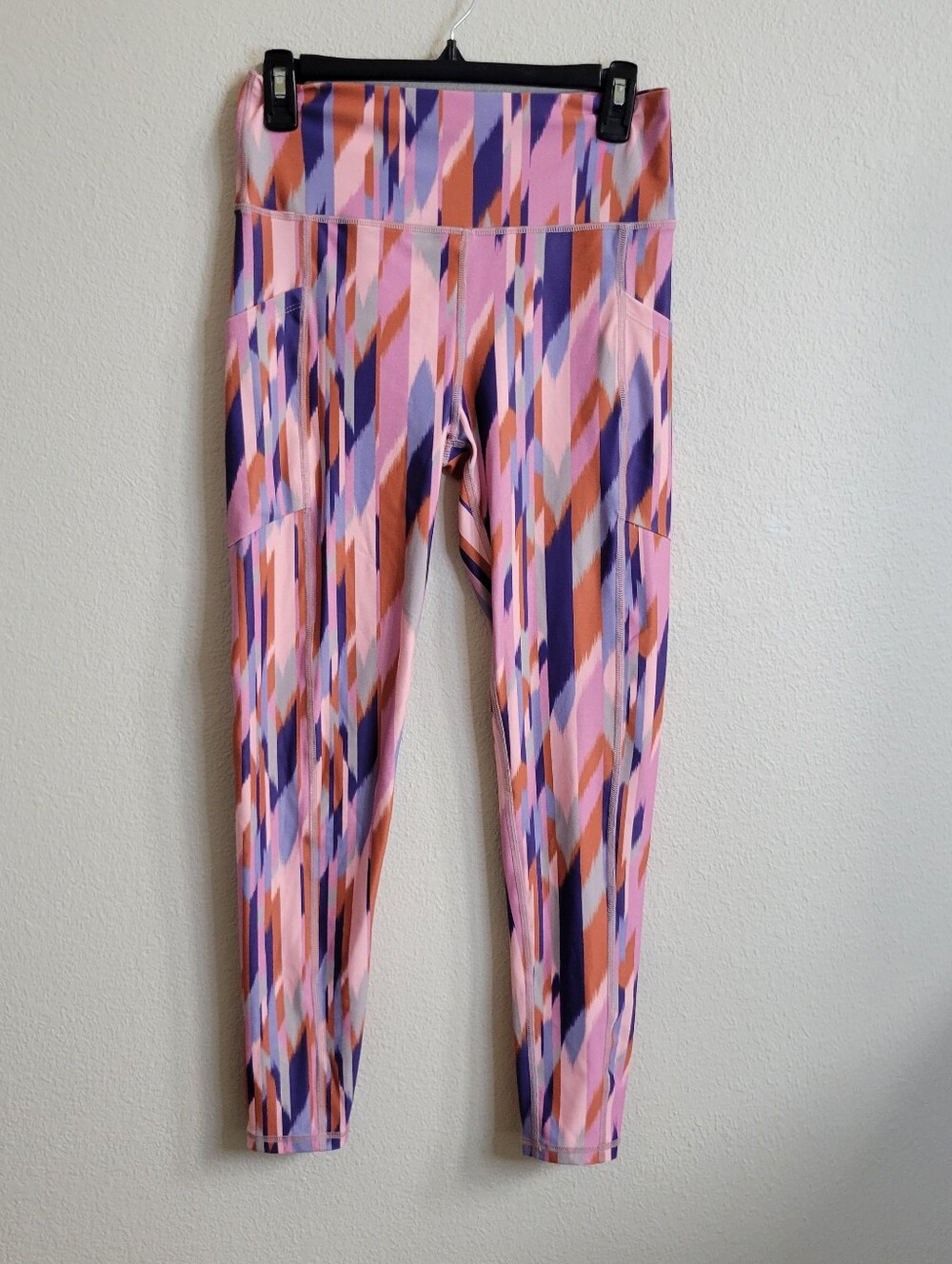 Savvi Geometric Pink & Purple Pattern High-Waist Leggings W Pockets Ladies Large